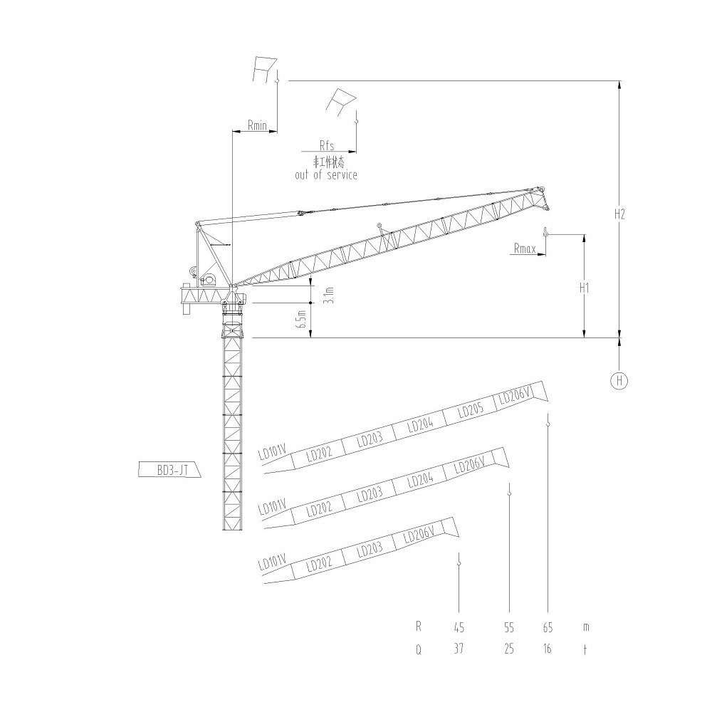 Luffing Jib Tower Crane with extended arm and hook